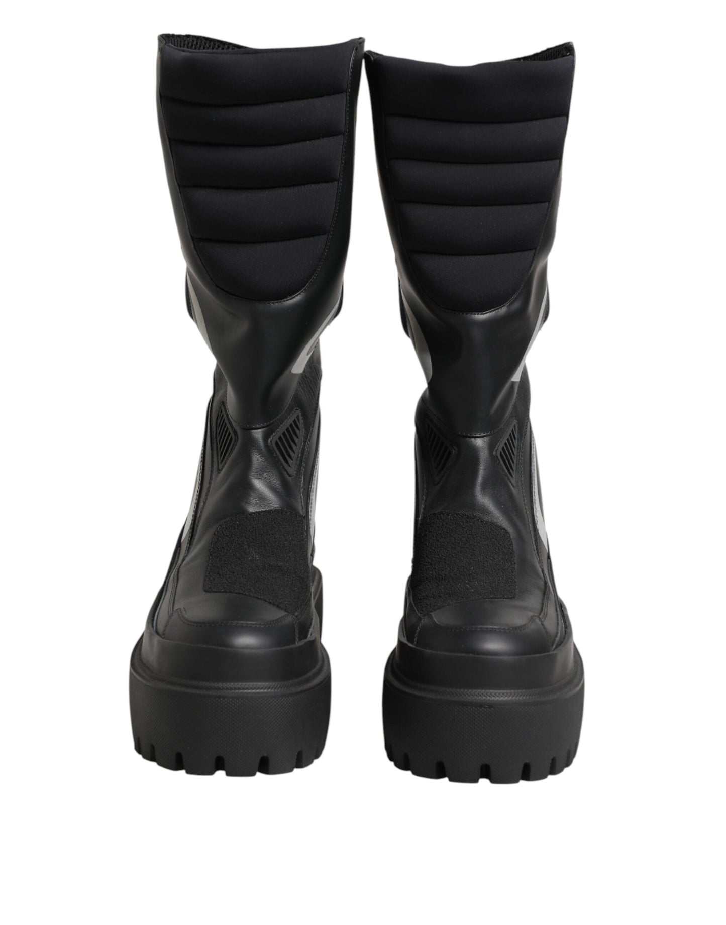 Black Leather Mid Calf Biker Boots Shoes