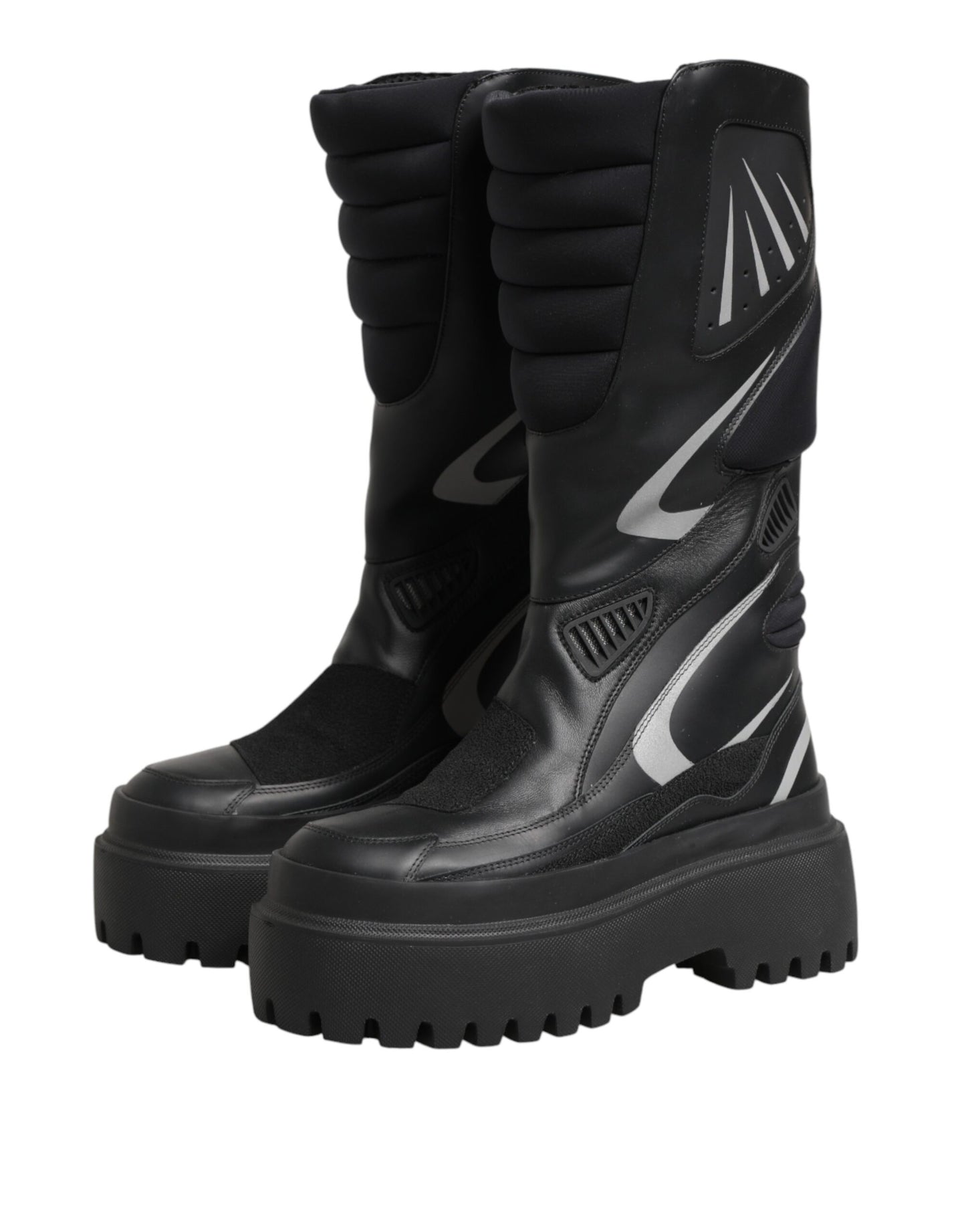 Black Leather Mid Calf Biker Boots Shoes