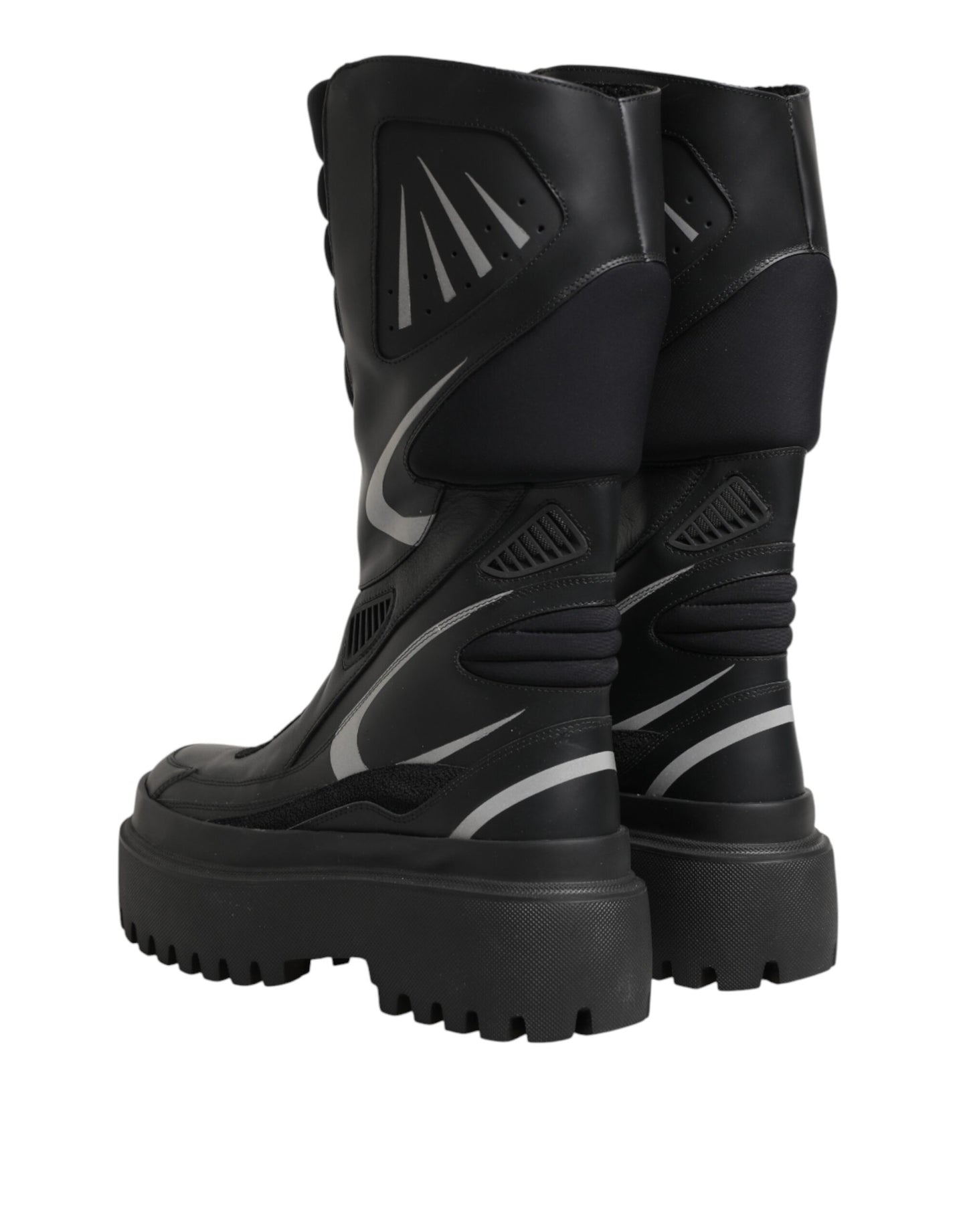Black Leather Mid Calf Biker Boots Shoes