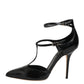 Black Leather T-STRAPS Heels Sandals Shoes