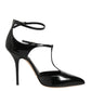 Black Leather T-STRAPS Heels Sandals Shoes