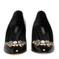 Black Leather Crystals Heels Pumps Shoes