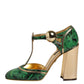 Green Leather T-STRAPS Heels Sandals Shoes