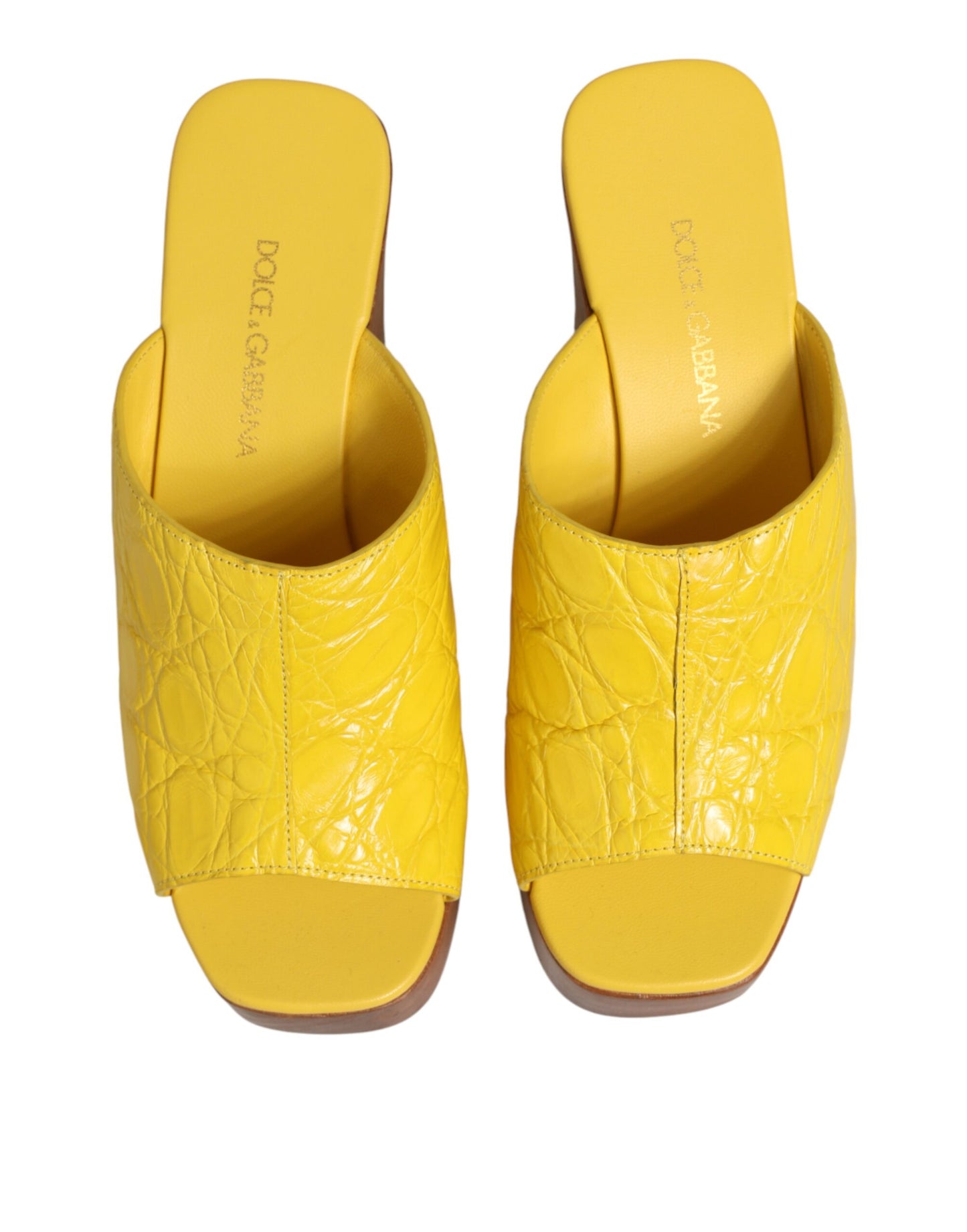 Yellow Leather Wood Mule Wedge Slides Shoes
