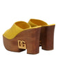Yellow Leather Wood Mule Wedge Slides Shoes