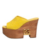Yellow Leather Wood Mule Wedge Slides Shoes