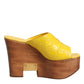 Yellow Leather Wood Mule Wedge Slides Shoes