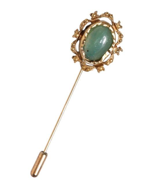 Gold Tone Green Stone Antique Men Accessory Brooch Pin