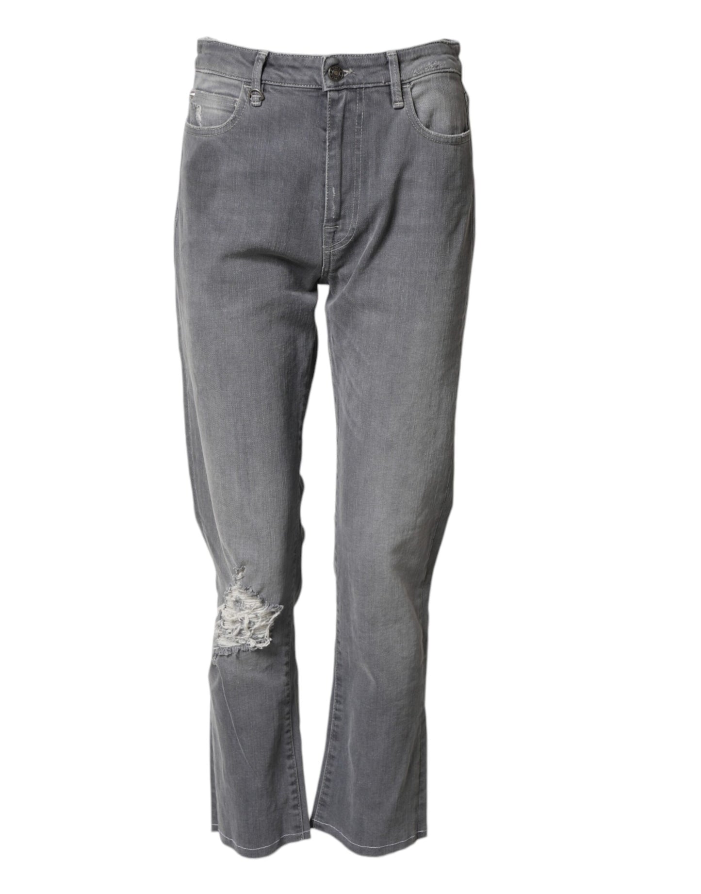 Gray Tattered Mid Waist Men Straight Denim Trouser Jeans