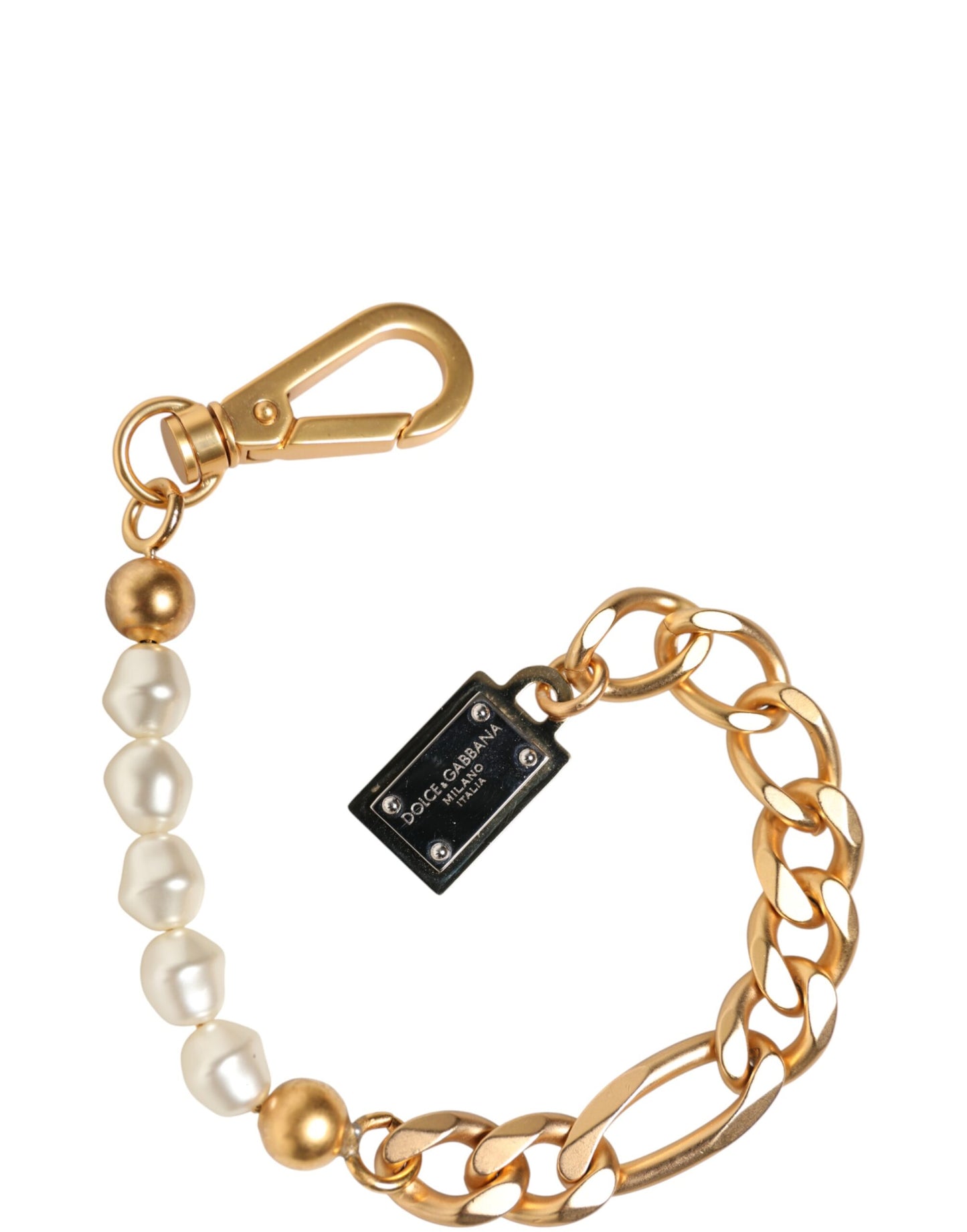 Gold Tone Brass Faux Pearl Logo Embellish Charm Bracelet
