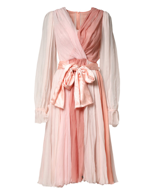 Pink Silk Tulle Long Sleeve V-neck Dress