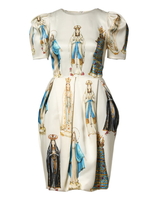 Beige Madonne Print Silk Short Sleeve Dress