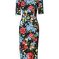 Black Floral Print Viscose Sheath Midi Dress