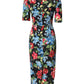 Black Floral Print Viscose Sheath Midi Dress