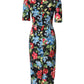 Black Floral Print Viscose Sheath Midi Dress