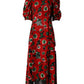 Red Floral Print Nylon A-line Midi Dress