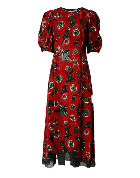 Red Floral Print Nylon A-line Midi Dress