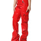 Red Glossy Polyester Cargo Boot Cut Pants