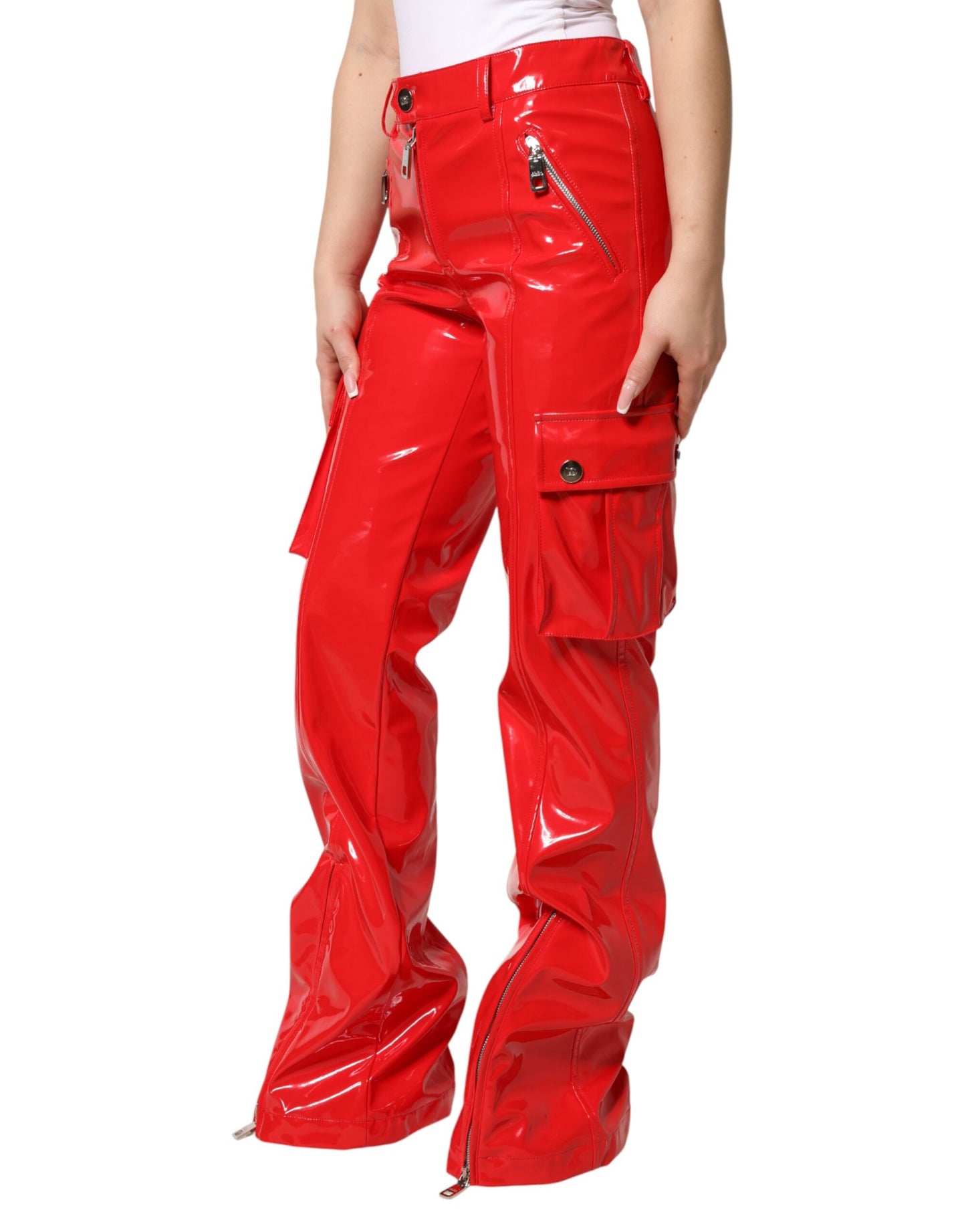 Red Glossy Polyester Cargo Boot Cut Pants