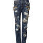Blue Cotton Rhinestone Embellish Denim Jeans
