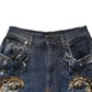 Blue Cotton Rhinestone Embellish Denim Jeans