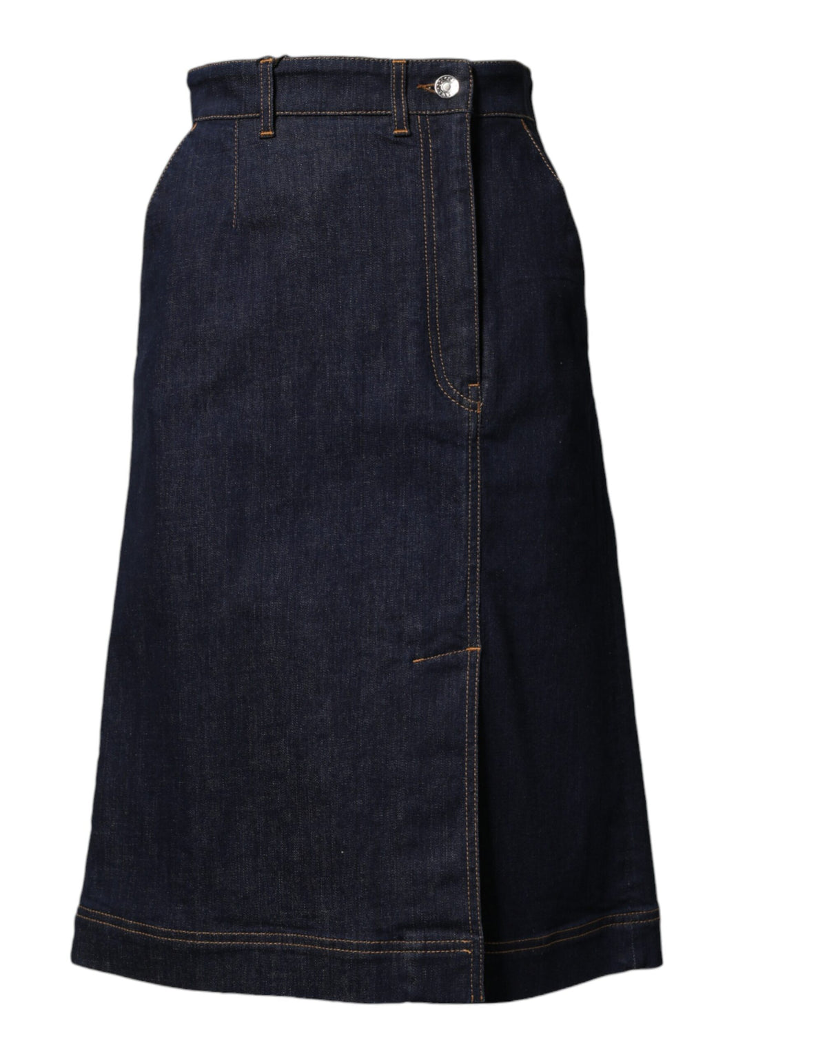 Dark Blue Cotton A-line Denim Midi Skirt