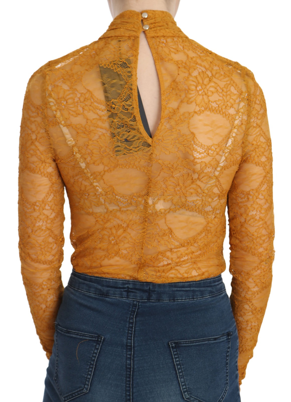 Mustard Turtle Neck Long Sleeve Lace Top Blouse