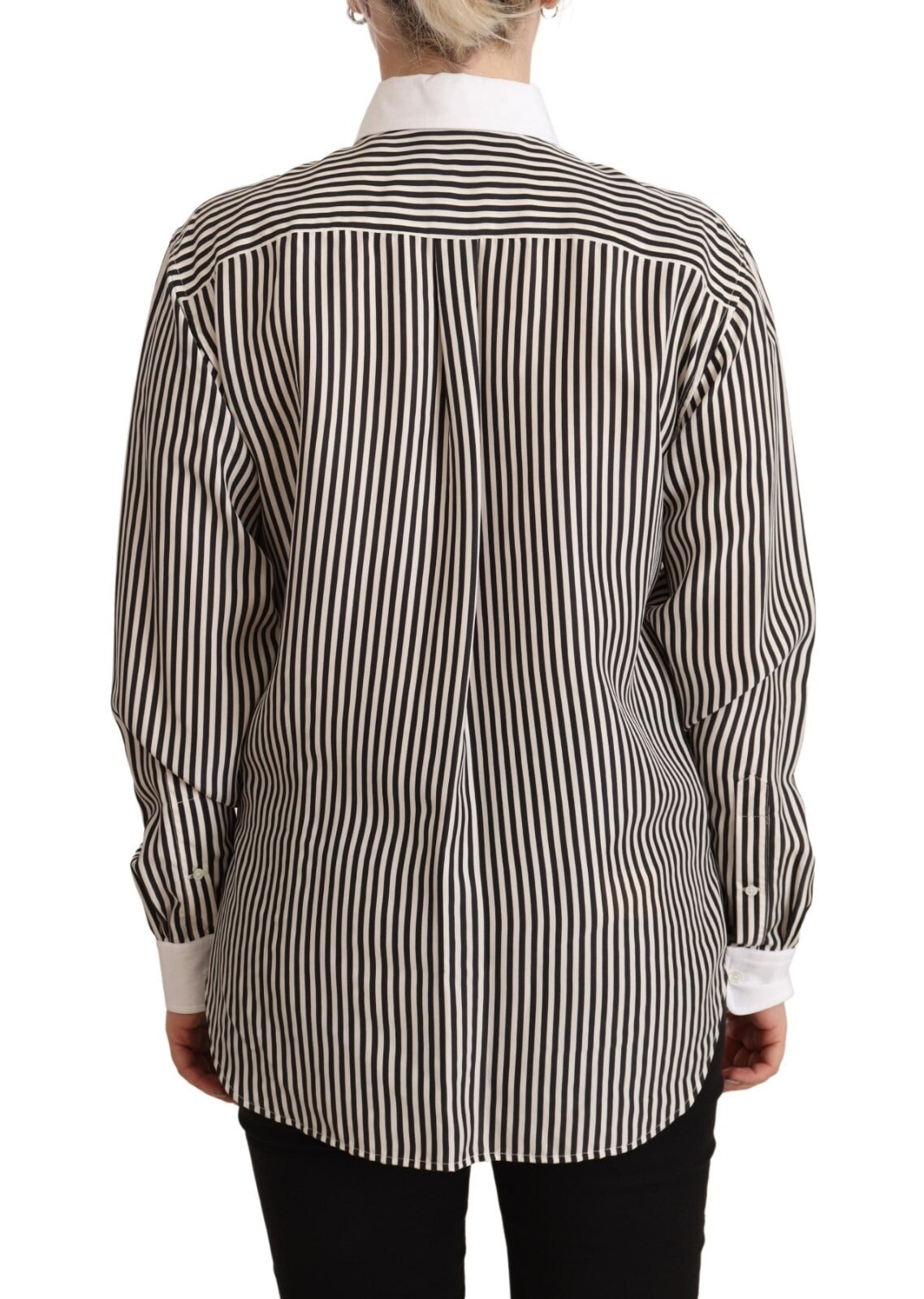 Black White Striped Long Sleeves Collared Top