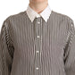 Black White Striped Long Sleeves Collared Top