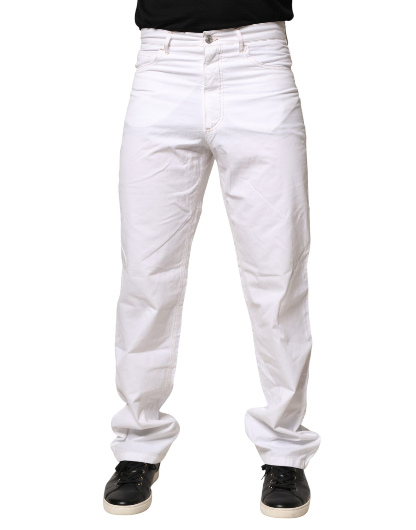 White Cotton Mid Waist Straight Men Denim Jeans