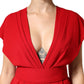 Red Viscose Plunging Neckline Long Maxi Dress