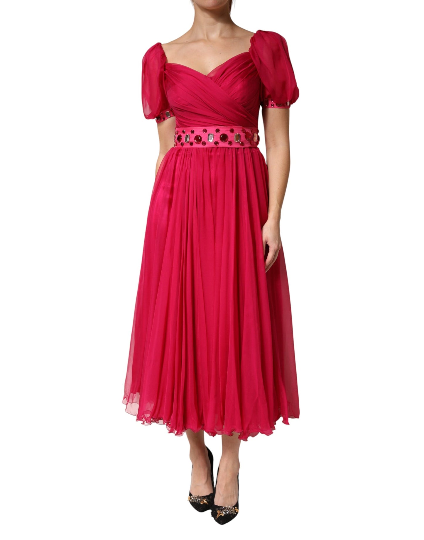 Pink Silk Embellished A-line Midi Dress