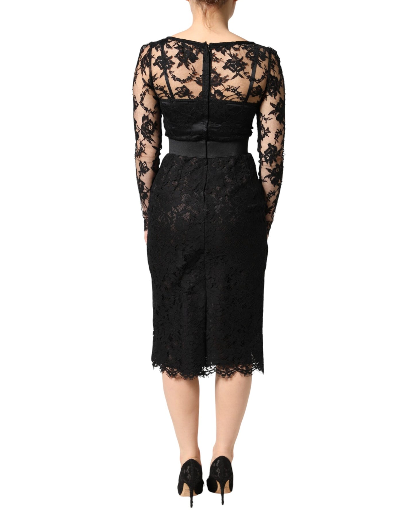 Black Lace Trim Cotton Sheath Midi Dress