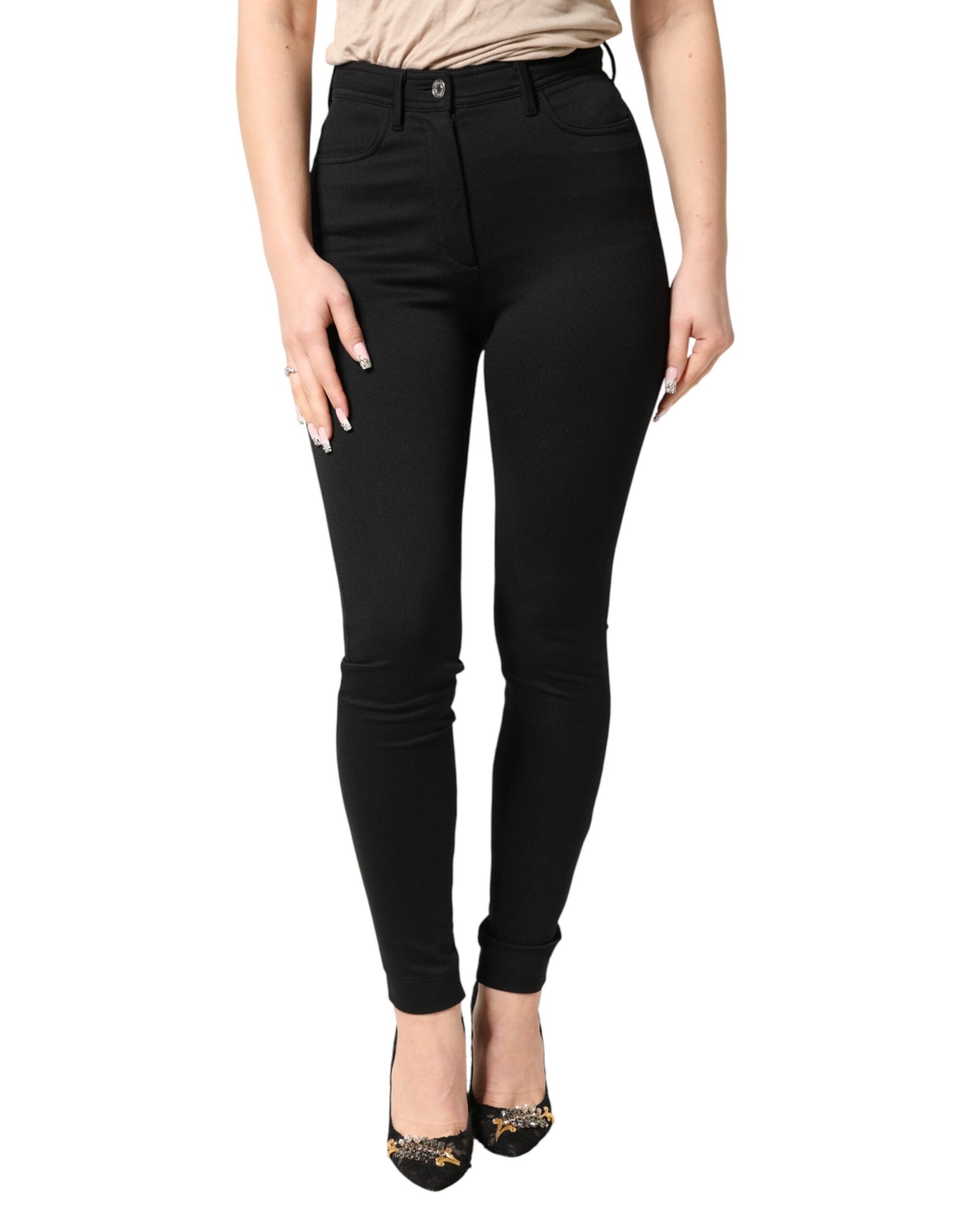 Black Nylon Stretch Skinny High Waist Pants