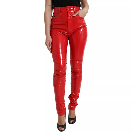 Shiny Red High Waist Skinny Trouser Pants
