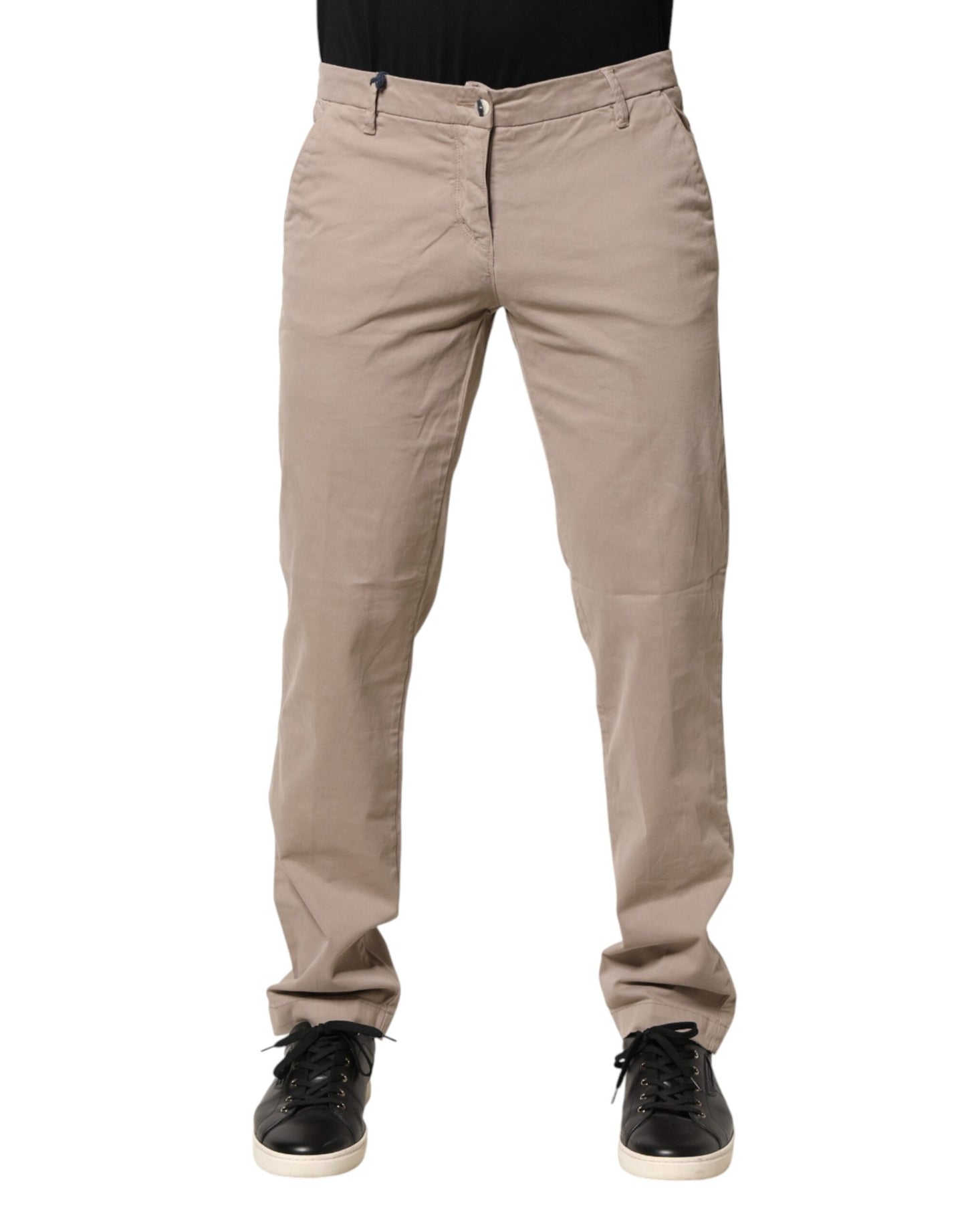 Beige Cotton Stretch Straight Mid Waist Trouser Pants