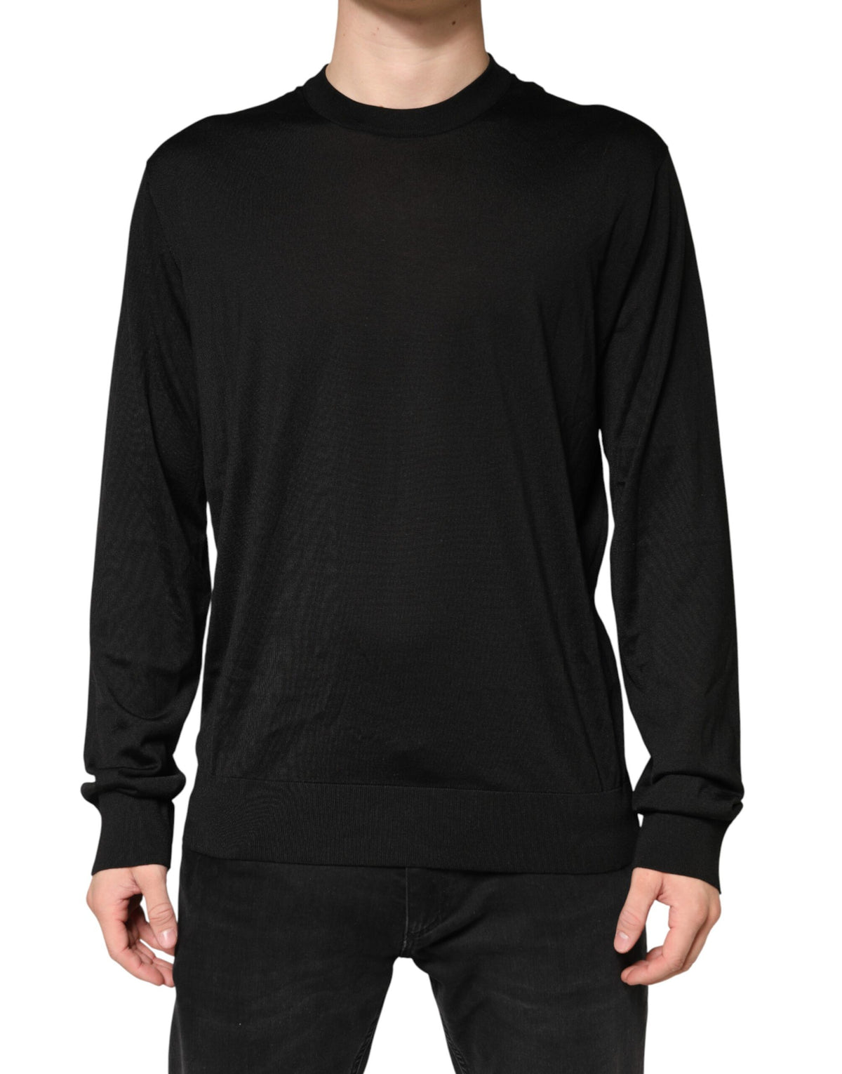 Black Silk Men Crew Neck Pullover Sweater