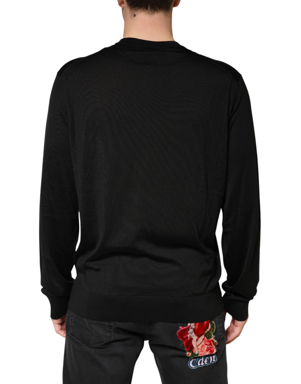 Black Silk Men Crew Neck Pullover Sweater