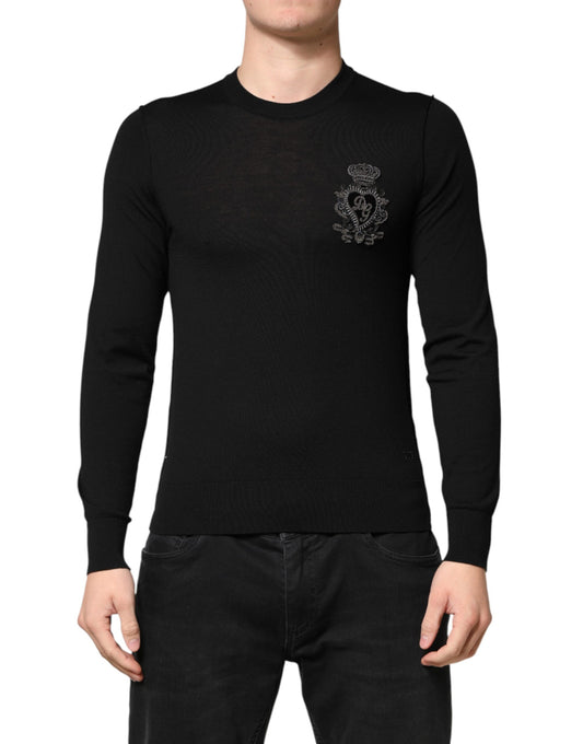 Black Crest Wool Crew Neck Pullover  Sweater