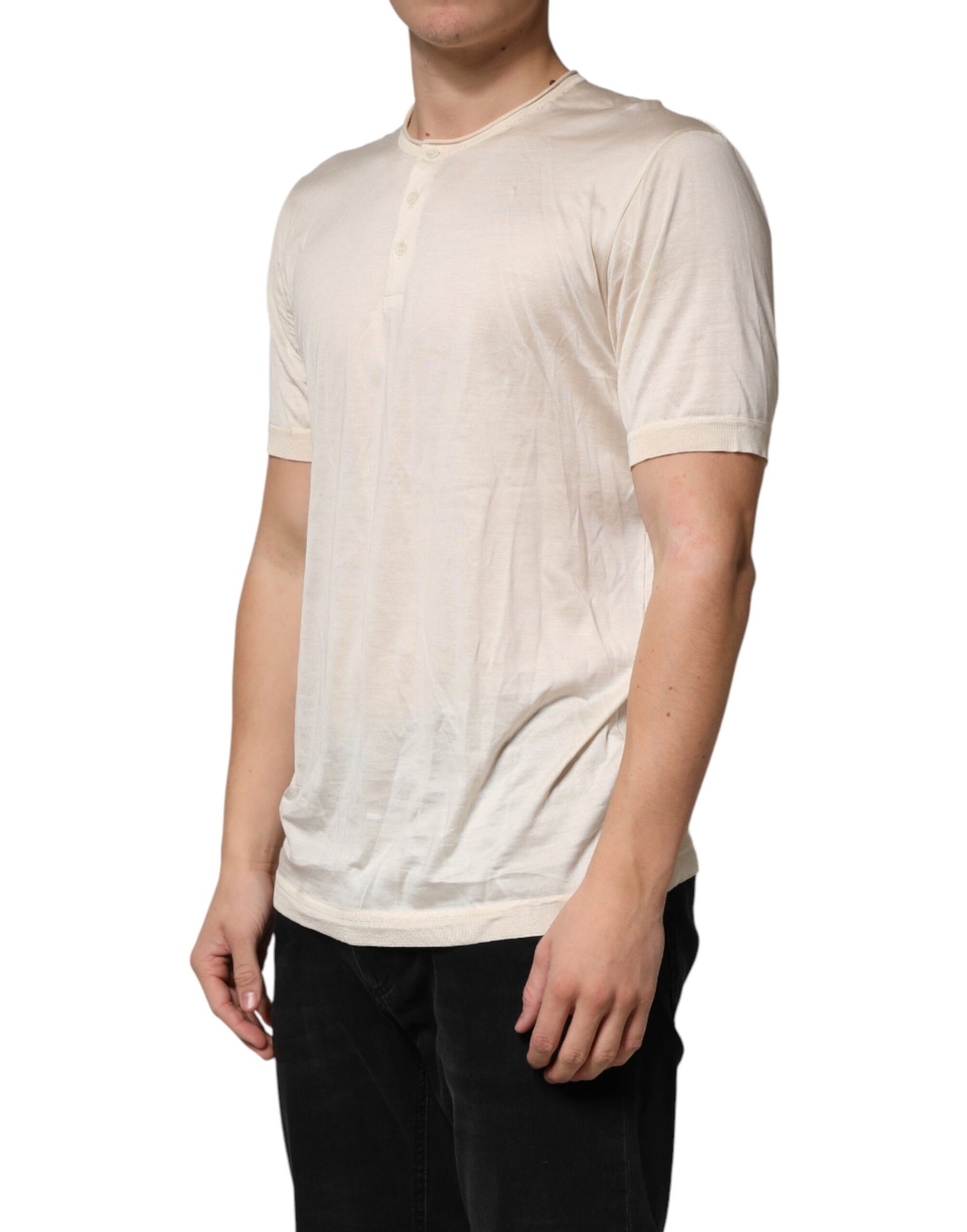 Off White Cotton Blend Men Henley T-shirt