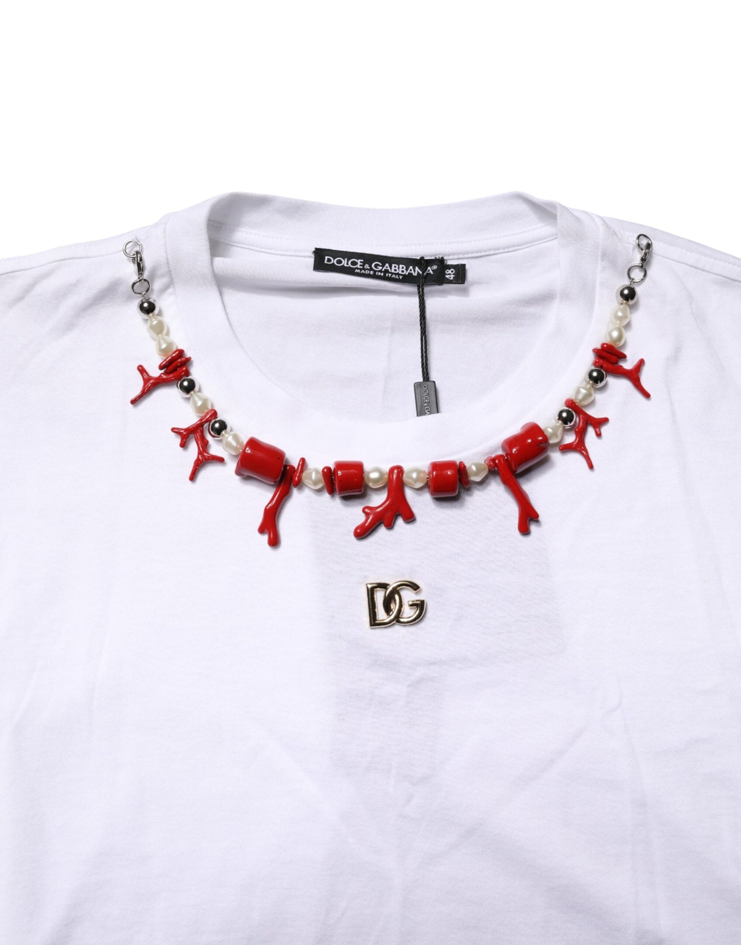 White Cotton Necklace Embellished T-shirt