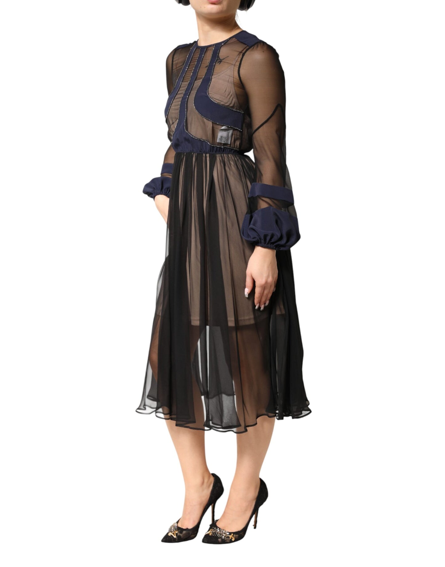 Blue Long Sleeves Sheer Silk Sheath A-line Midi Dress