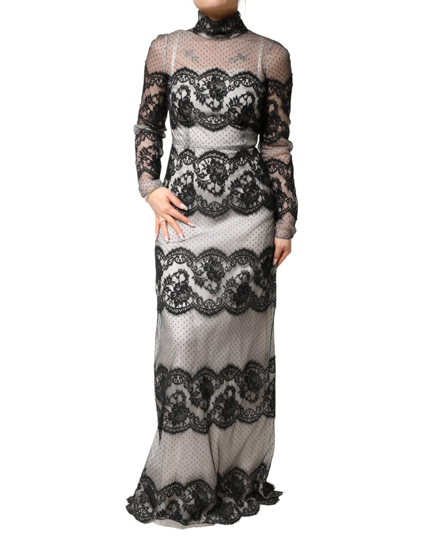 Black White Lace Silk Blend MaxiSheath Dress
