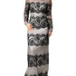 Black White Lace Silk Blend MaxiSheath Dress