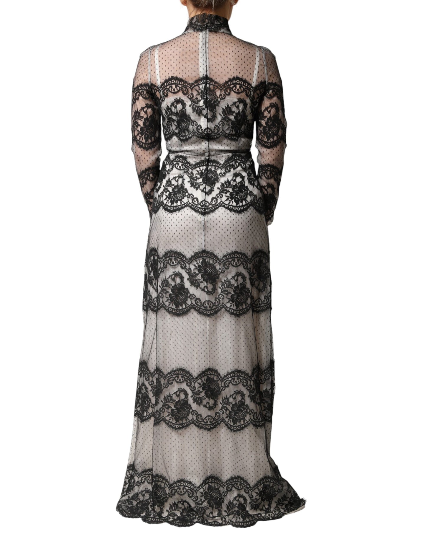 Black White Lace Silk Blend MaxiSheath Dress