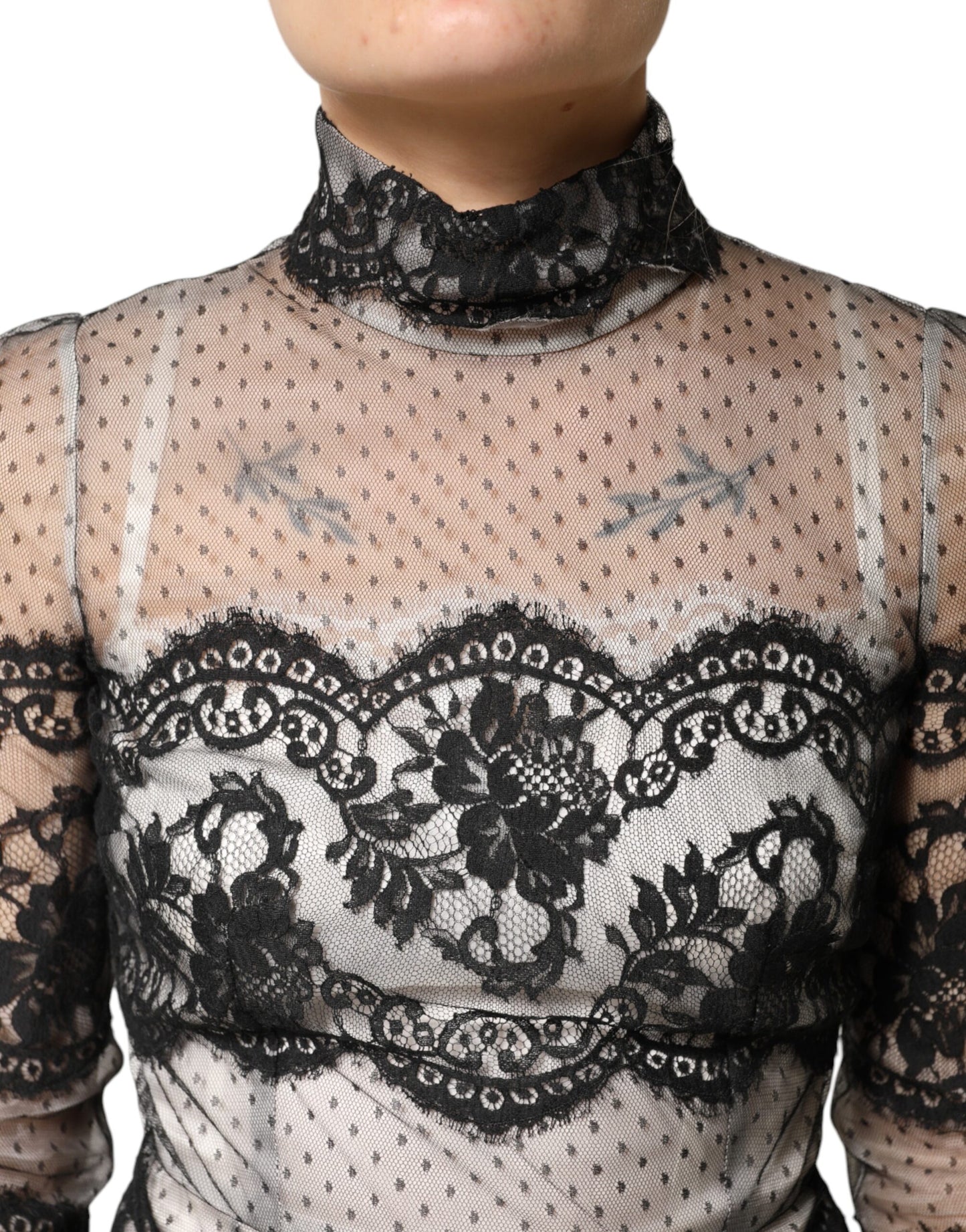 Black White Lace Silk Blend MaxiSheath Dress