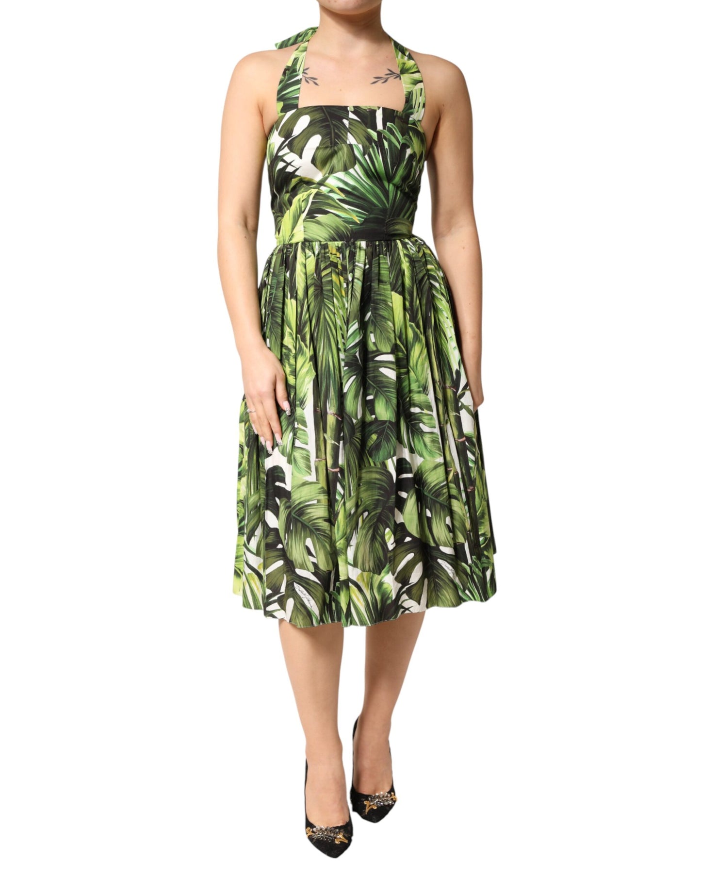 Green Leaves Print Cotton Halter Midi Dress
