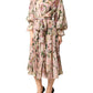 Pink Lily Print A-line Pleated Maxi Dress