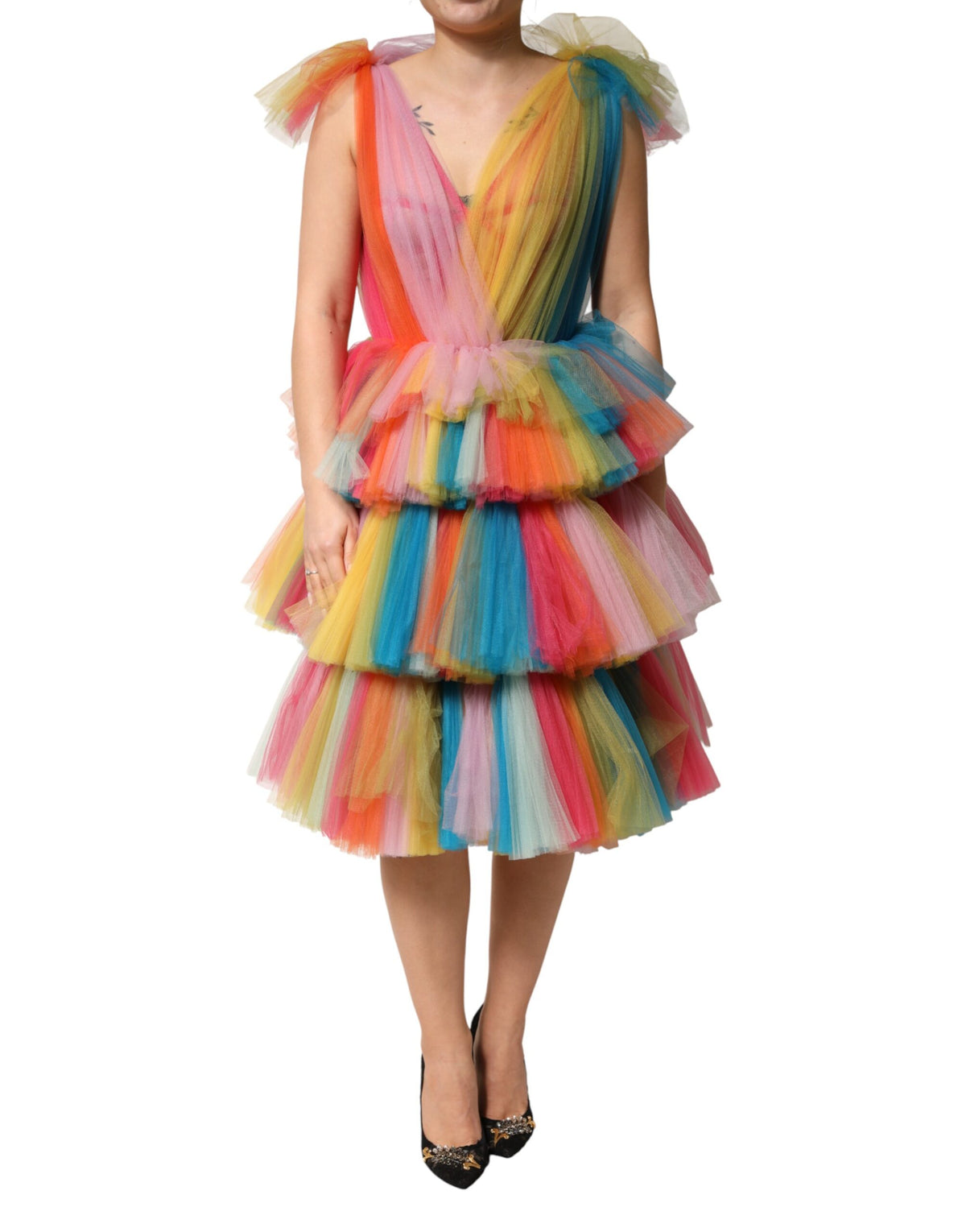 Multicolor Nylon Tiered Tulle Midi Dress