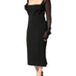 Black Sheer Yoke Rosette Sheath Midi Dress